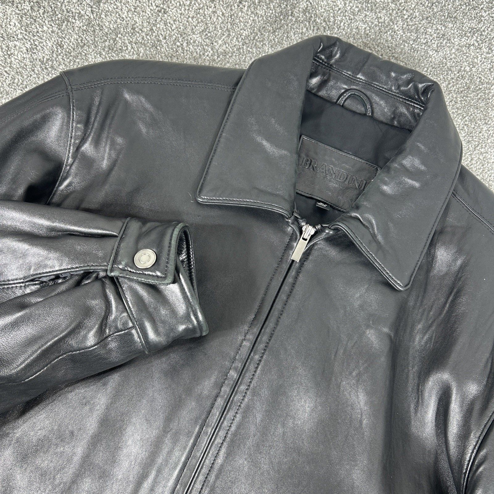 Brandini Black Bomber 100% Butter Soft Lamb Leather Jacket Size Large Men’s